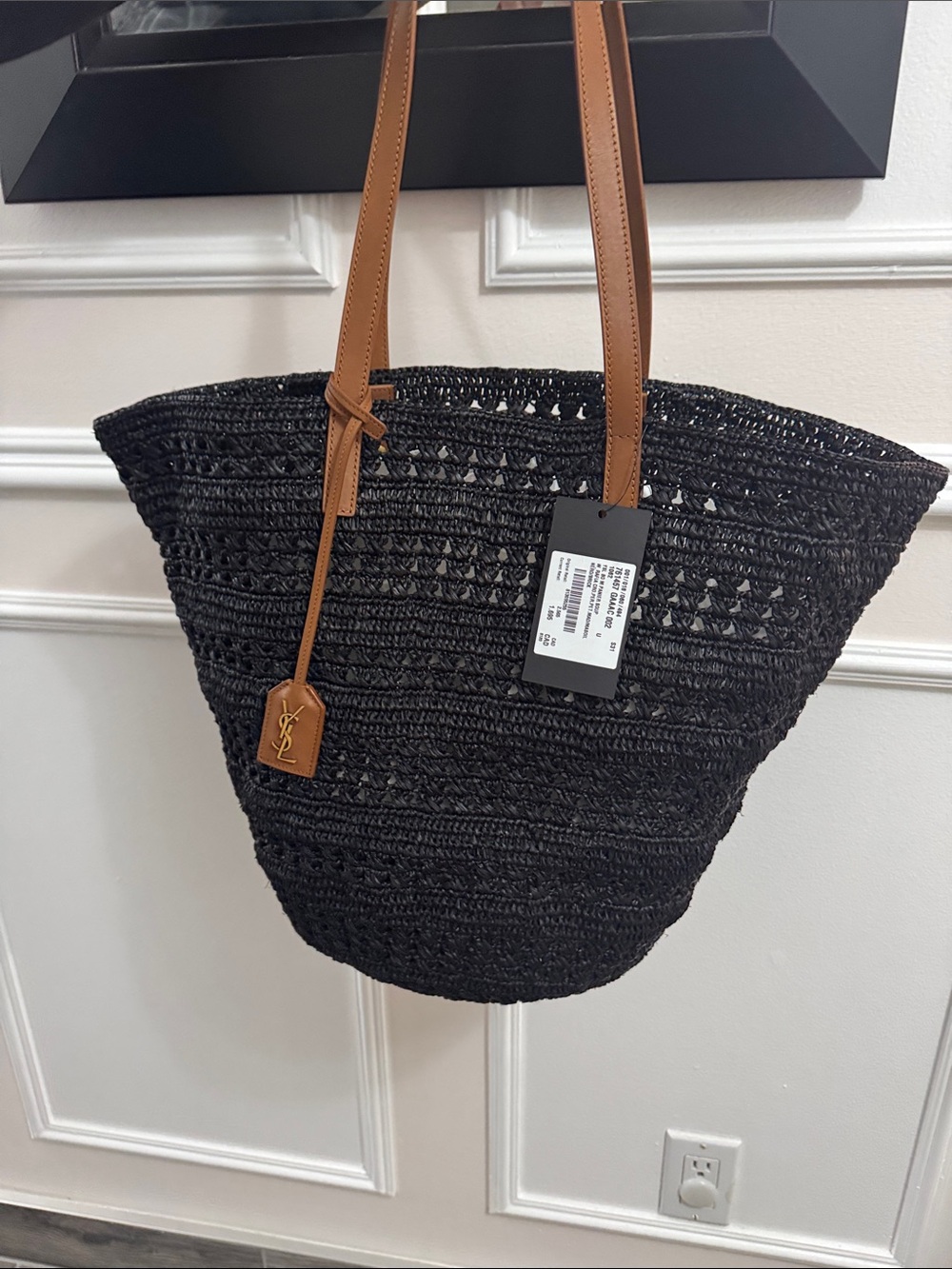Saint Laurent Black Raffia Tote with Tan Leather Handles and Logo Tag